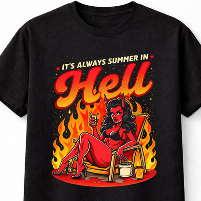It’s Always Summer in Hell Devil Girl T Shirt Funny Dark Humor Fire Unisex T-Shirt