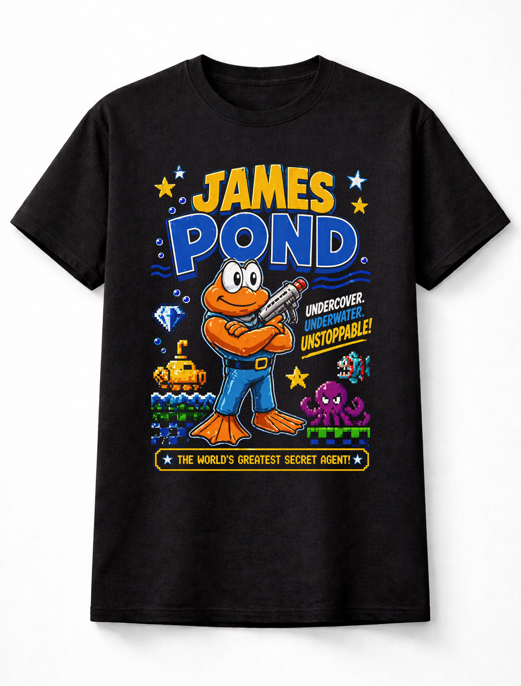 James Pond T-Shirt Retro Gaming Graphic Tee Sega Classic Underwater Agent Video Game Character Shirt Arcade Platformer Fish Hero Gamer Gift Pixel Adults & Kids Unisex T-Shirt