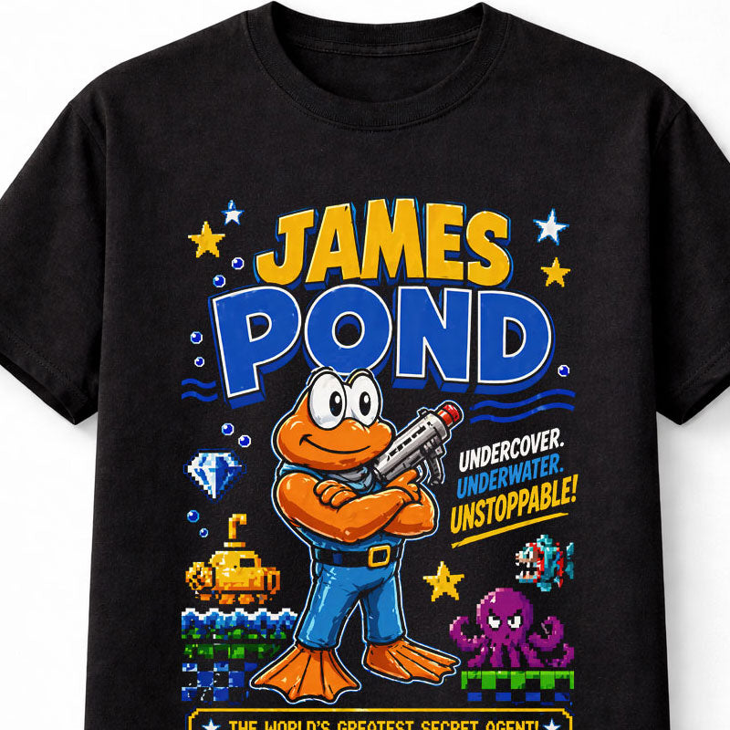 James Pond T-Shirt Retro Gaming Graphic Tee Sega Classic Underwater Agent Video Game Character Shirt Arcade Platformer Fish Hero Gamer Gift Pixel Adults & Kids Unisex T-Shirt