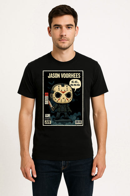 Jason Voorhees “Ki-Ki, Ma-Ma-Ma” Comic Style T-Shirt – Friday the 13th Slasher Tee