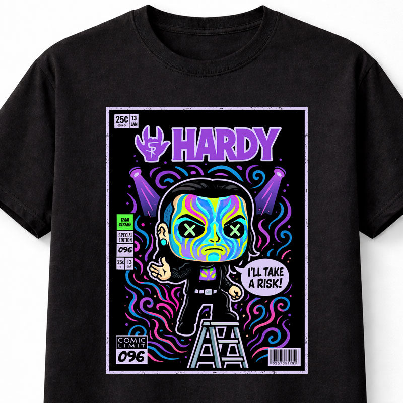 Jeff Hardy Hardy I’ll Take A Risk Neon Comic Cover Bordered Wrestling Ladder Graphic Fan Art Tee Adults & Kids Unisex T-Shirt