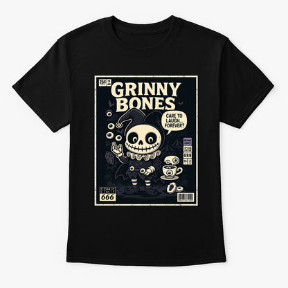 Grinny Bones “Care to Laugh Forever” Unisex T-Shirt – Creepy Jester Dark Circus Horror Tee