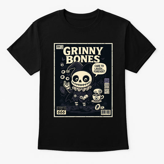 Grinny Bones “Care to Laugh Forever” Unisex T-Shirt – Creepy Jester Dark Circus Horror Tee