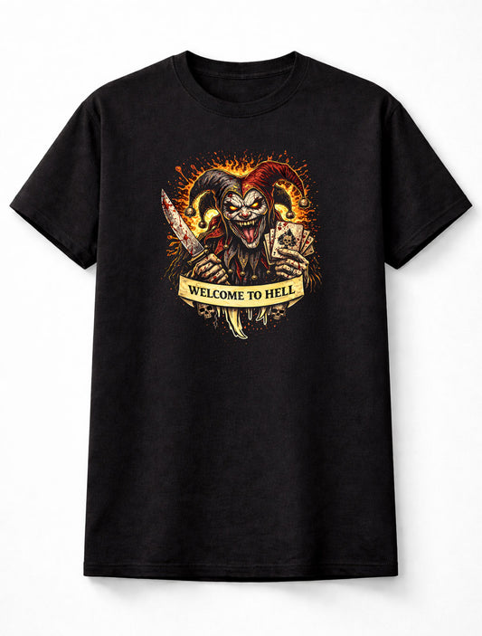 Jester T Shirt Welcome To Hell Joker Horror Tattoo Art Tee Unisex Black