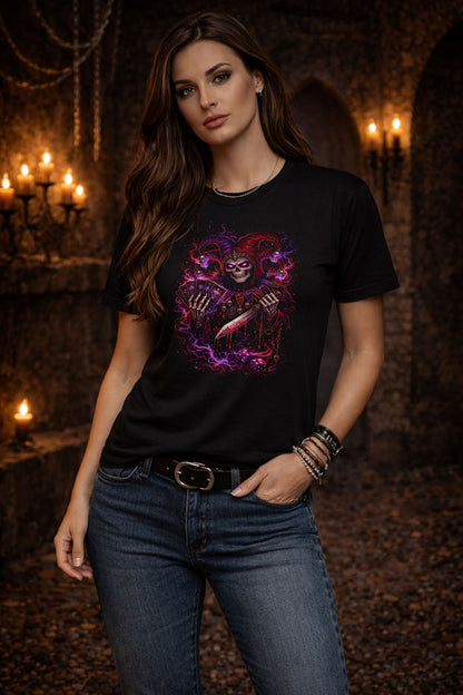 Demonic Jester Skeleton T Shirt Gothic Joker Playing Cards Dice Dark Art Unisex