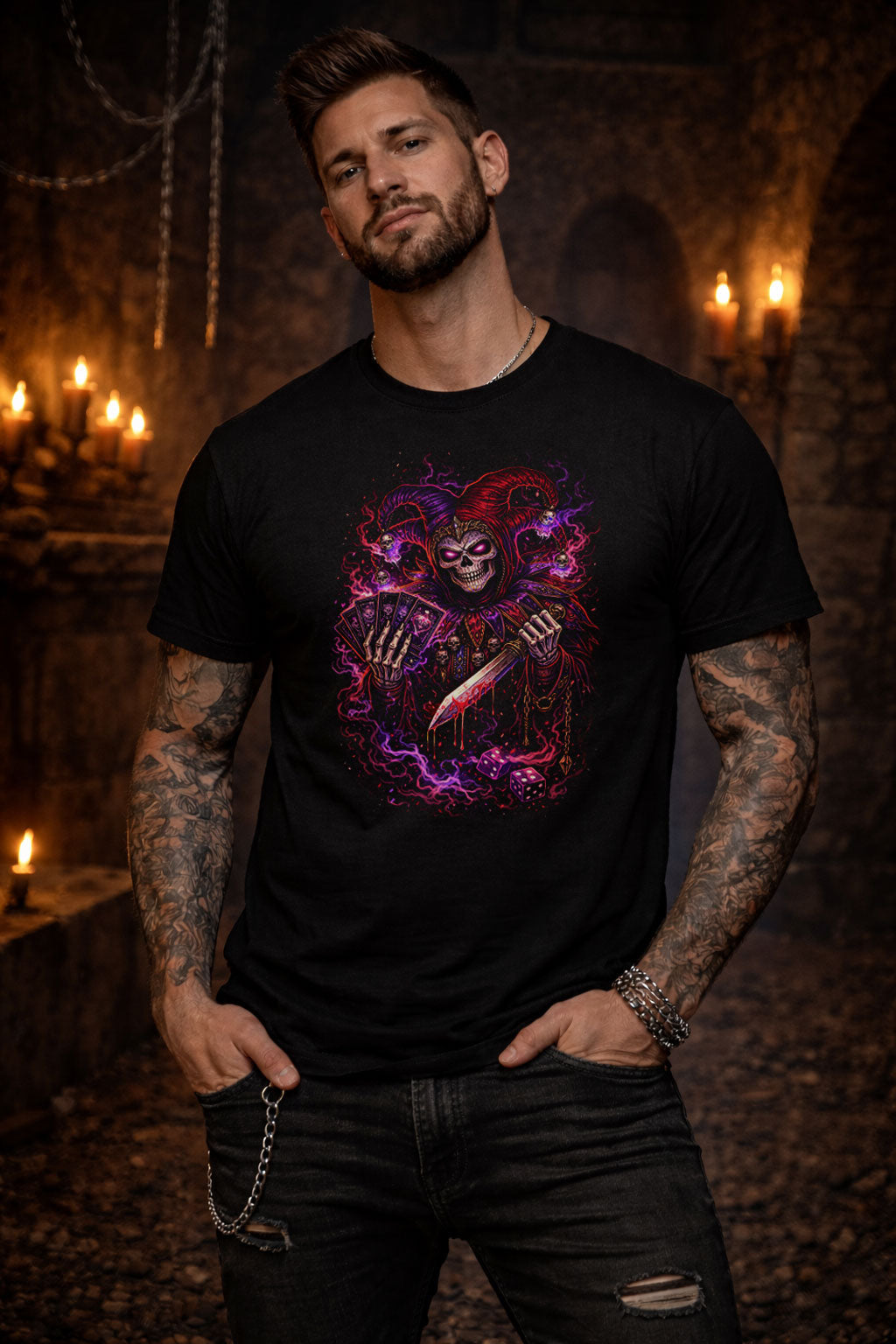 Demonic Jester Skeleton T Shirt Gothic Joker Playing Cards Dice Dark Art Unisex