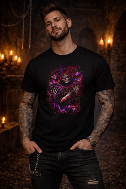 Demonic Jester Skeleton T Shirt Gothic Joker Playing Cards Dice Dark Art Unisex