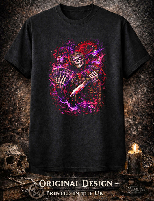 Demonic Jester Skeleton T Shirt Gothic Joker Playing Cards Dice Dark Art Unisex