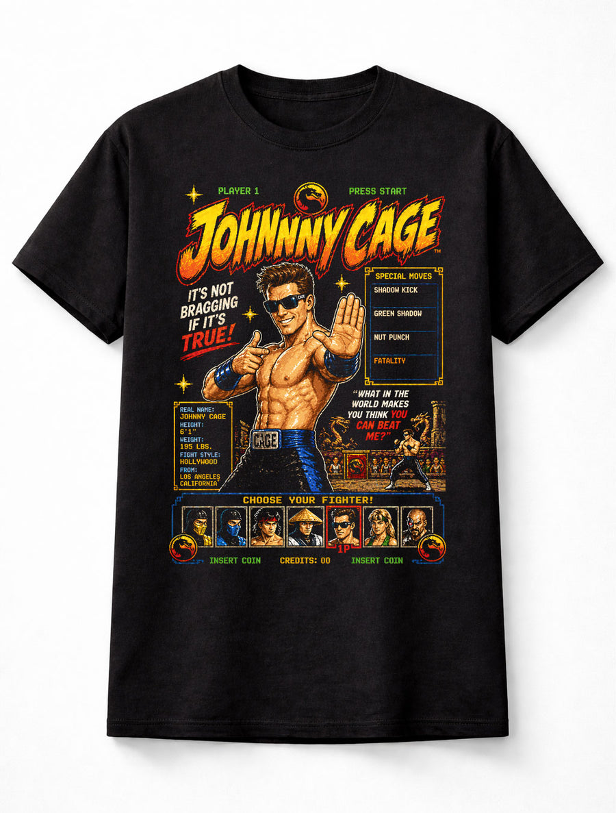 Johnny Cage T-Shirt Mortal Kombat Graphic Tee Retro Arcade Fighting Game Character Shirt Classic Fighter Print Finish Him Fatality Gamer Adults & Kids Unisex T-Shirt