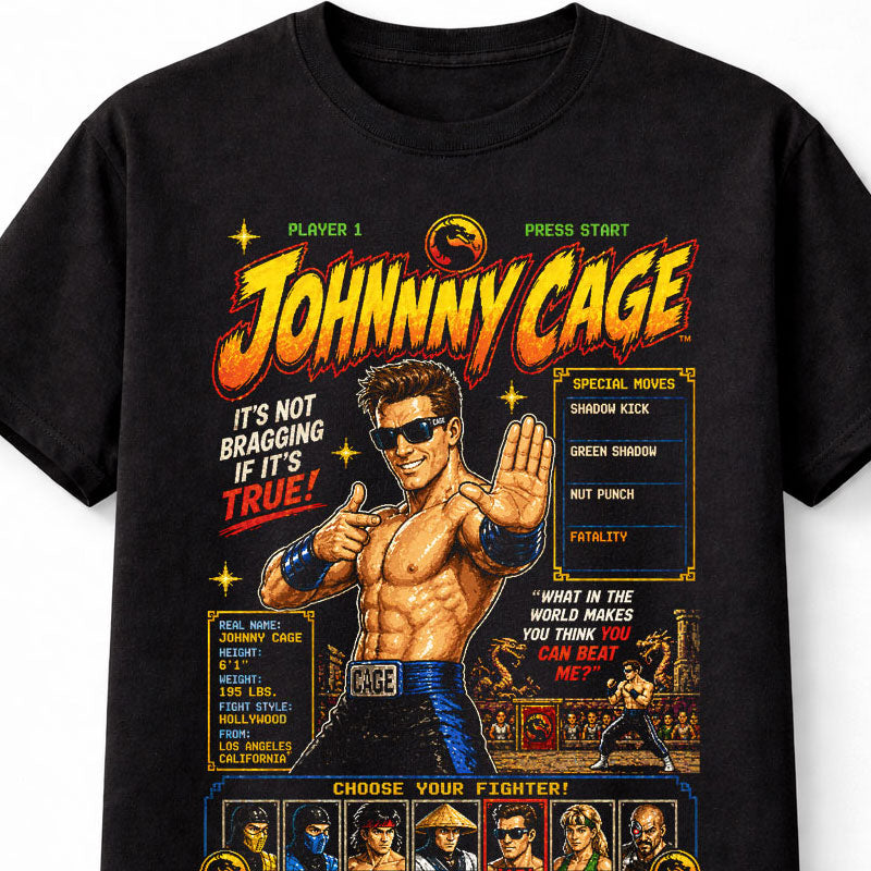 Johnny Cage T-Shirt Mortal Kombat Graphic Tee Retro Arcade Fighting Game Character Shirt Classic Fighter Print Finish Him Fatality Gamer Adults & Kids Unisex T-Shirt