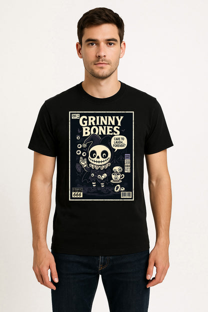 Grinny Bones “Care to Laugh Forever” Unisex T-Shirt – Creepy Jester Dark Circus Horror Tee