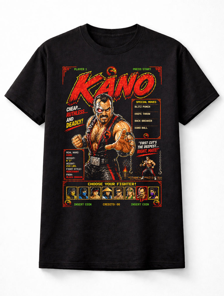 Kano Mortal Kombat T-Shirt Retro Arcade Fighting Game Graphic Tee Classic Villain Character Shirt Black Dragon Fighter Print Fatality Gamer Adults & Kids Unisex T-Shirt
