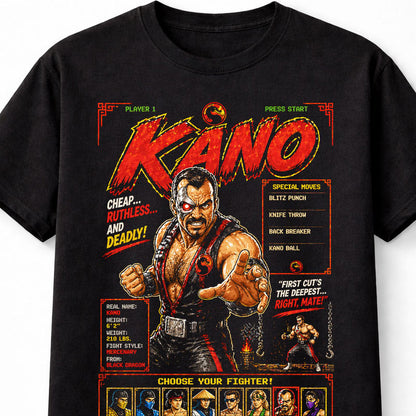 Kano Mortal Kombat T-Shirt Retro Arcade Fighting Game Graphic Tee Classic Villain Character Shirt Black Dragon Fighter Print Fatality Gamer Adults & Kids Unisex T-Shirt