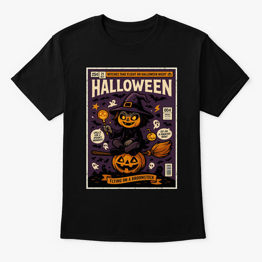 Pumpkin Witch Broomstick Unisex T-Shirt Halloween Comic Tee