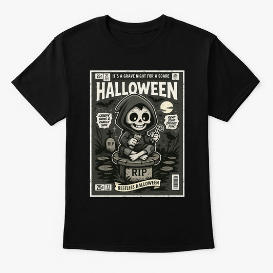 Restless Halloween Grim Reaper Unisex T-Shirt Retro Comic Tee