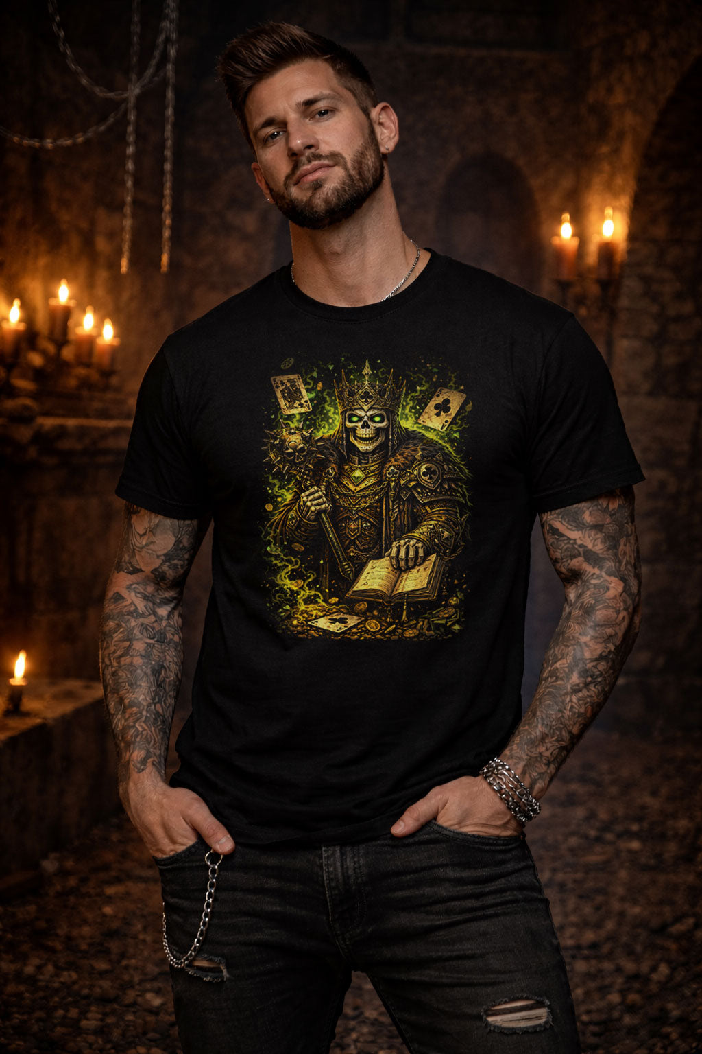 Undead King of Clubs Skeleton T Shirt Gothic Playing Cards Occult Dark Unisex