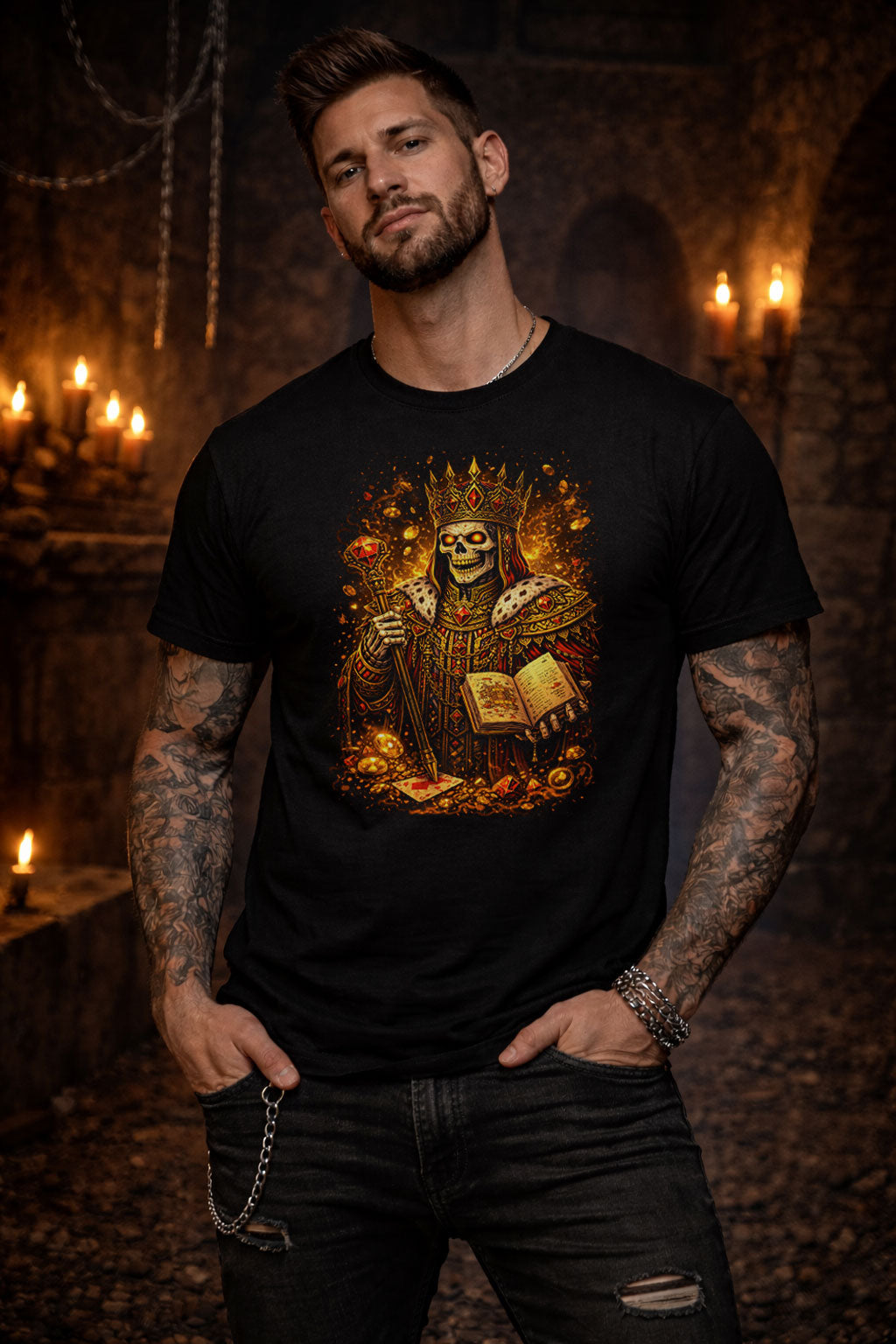 Undead King of Diamonds Skeleton T Shirt Gothic Playing Cards Casino Dark Art