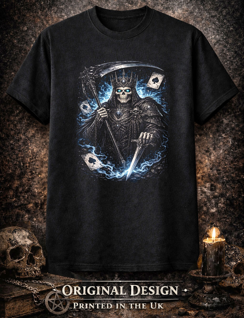 Undead King of Spades Skeleton T Shirt Gothic Skull Reaper Playing Cards Dark