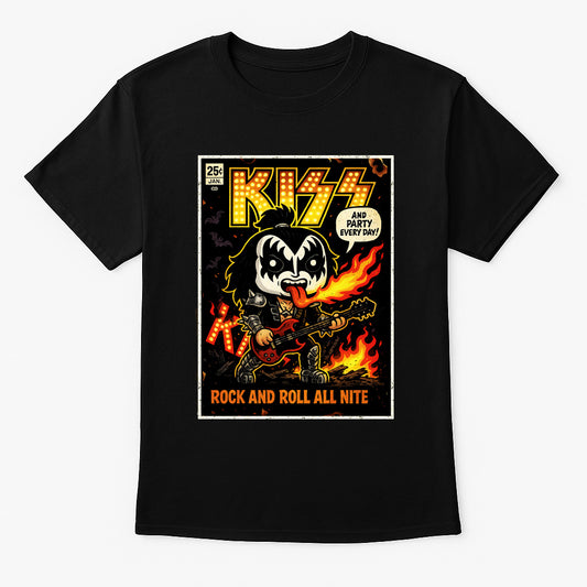 KISS “Rock and Roll All Nite” Unisex T-Shirt – Comic Style Pop Art Band Graphic Tee