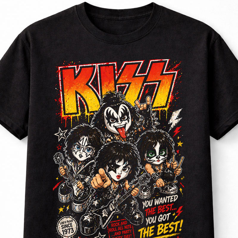 KISS Band Chibi Rock T-Shirt Gene Simmons Paul Stanley Ace Frehley Peter Criss Graphic Tee Classic Rock Music Shirt Vintage Style Kiss Army You Wanted The Best Concert Band Merch Gift Adult & Kids Unisex T-Shirt