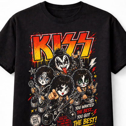 KISS Band Chibi Rock T-Shirt Gene Simmons Paul Stanley Ace Frehley Peter Criss Graphic Tee Classic Rock Music Shirt Vintage Style Kiss Army You Wanted The Best Concert Band Merch Gift Adult & Kids Unisex T-Shirt