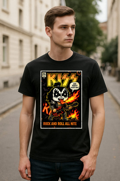 KISS “Rock and Roll All Nite” Unisex T-Shirt – Comic Style Pop Art Band Graphic Tee