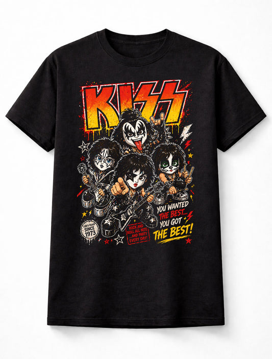 KISS Band Chibi Rock T-Shirt Gene Simmons Paul Stanley Ace Frehley Peter Criss Graphic Tee Classic Rock Music Shirt Vintage Style Kiss Army You Wanted The Best Concert Band Merch Gift Adult & Kids Unisex T-Shirt