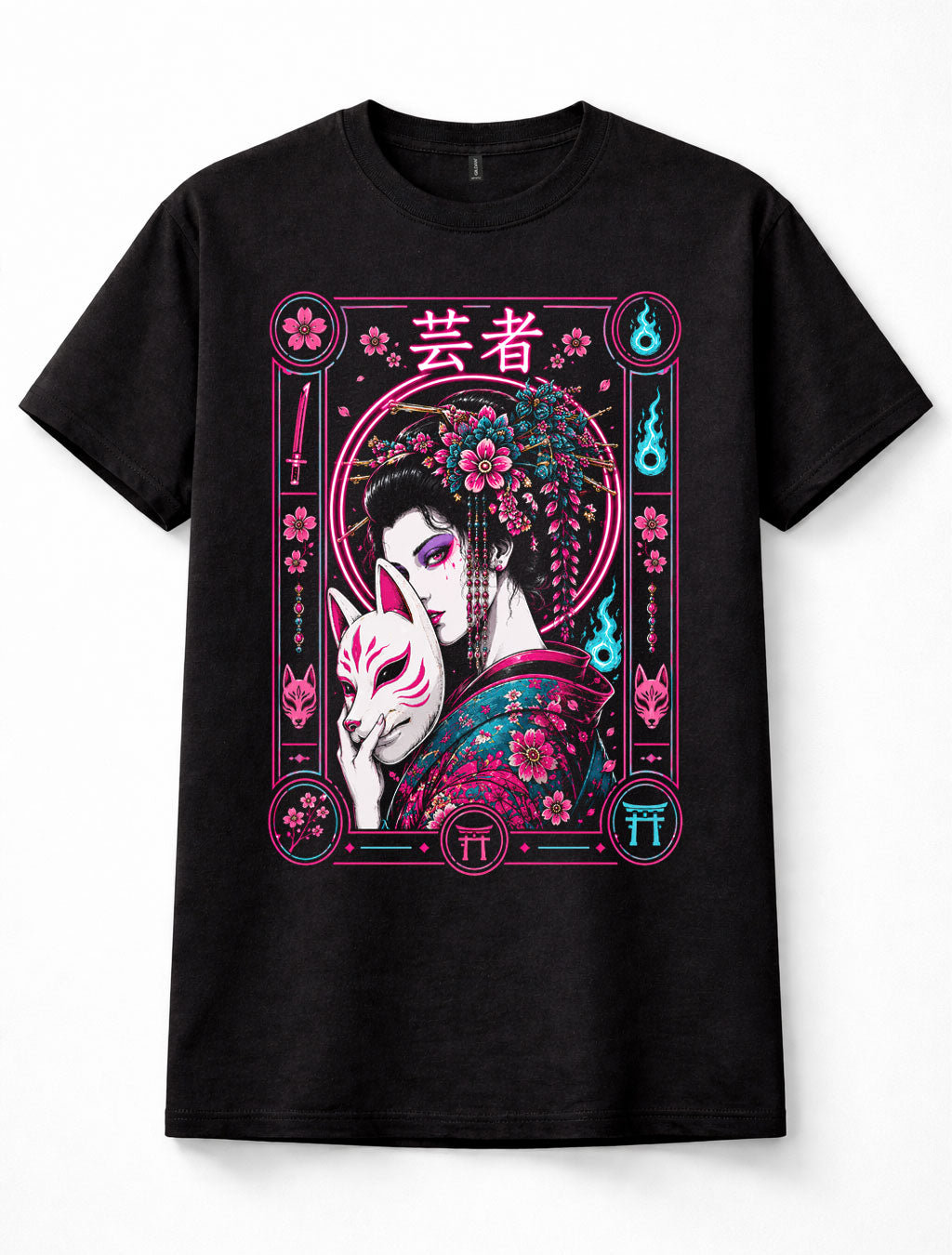 Japanese Geisha Kitsune Fox Mask Sakura Yokai Neon Art Unisex T-Shirt