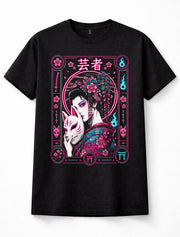 Japanese Geisha Kitsune Fox Mask Sakura Yokai Neon Art Unisex T-Shirt