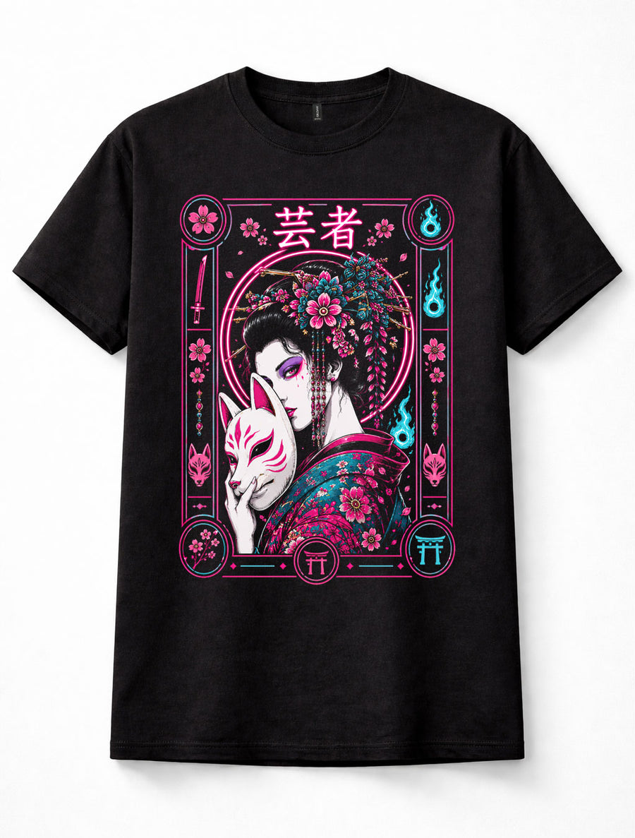 Japanese Geisha Kitsune Fox Mask Sakura Yokai Neon Art Unisex T-Shirt