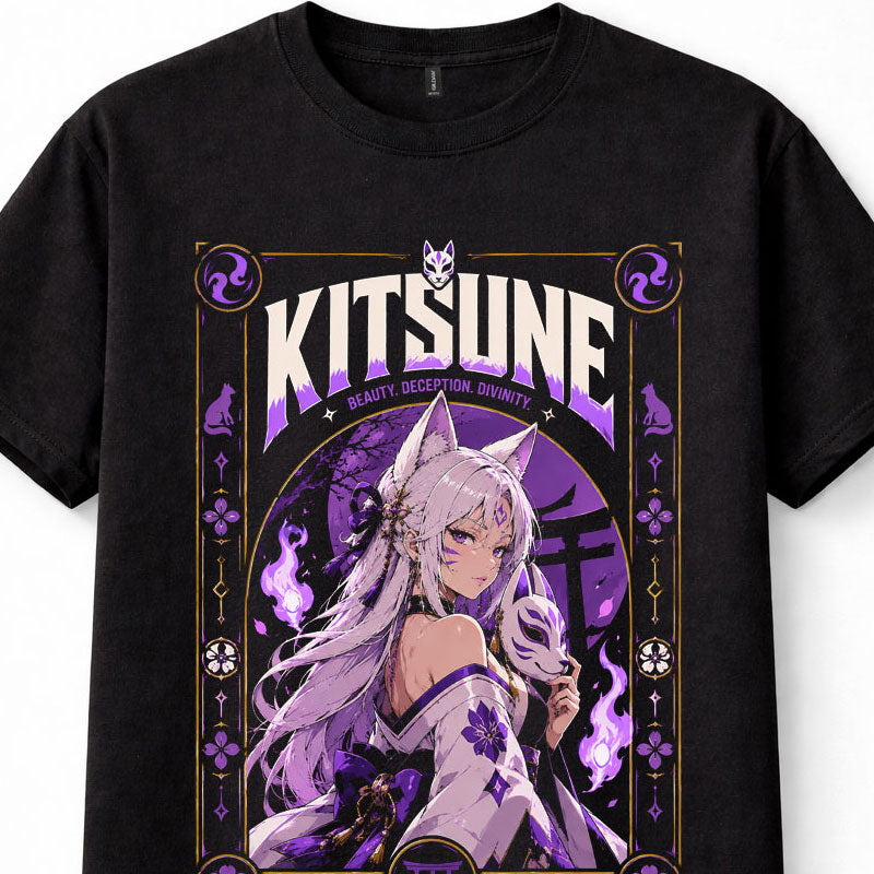 Kitsune Fox Girl Japanese Yokai Anime Manga Mask Purple Fantasy Black Unisex T-Shirt