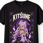 Kitsune Fox Girl Japanese Yokai Anime Manga Mask Purple Fantasy Black Unisex T-Shirt