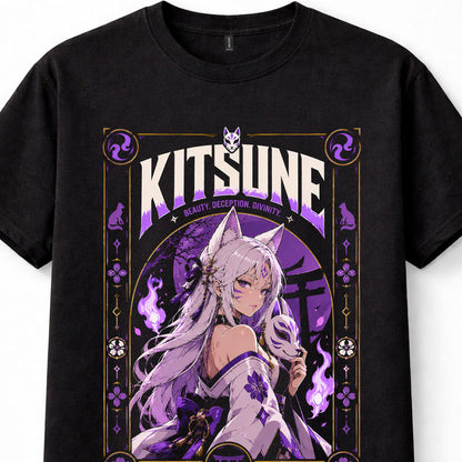 Kitsune Fox Girl Japanese Yokai Anime Manga Mask Purple Fantasy Black Unisex T-Shirt