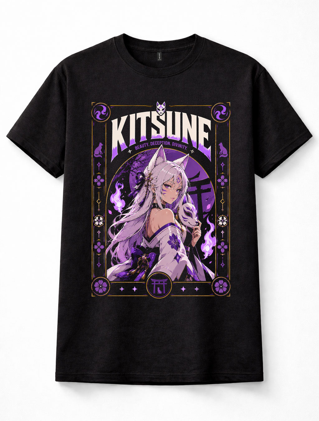Kitsune Fox Girl Japanese Yokai Anime Manga Mask Purple Fantasy Black Unisex T-Shirt