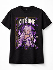 Kitsune Fox Girl Japanese Yokai Anime Manga Mask Purple Fantasy Black Unisex T-Shirt