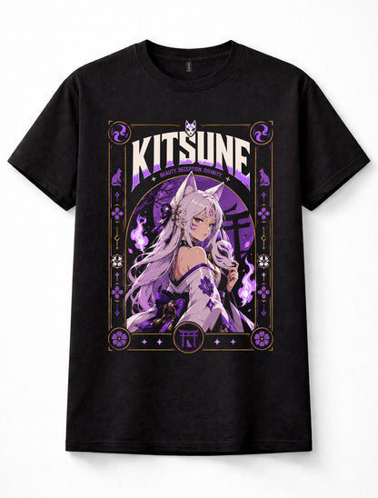 Kitsune Fox Girl Japanese Yokai Anime Manga Mask Purple Fantasy Black Unisex T-Shirt