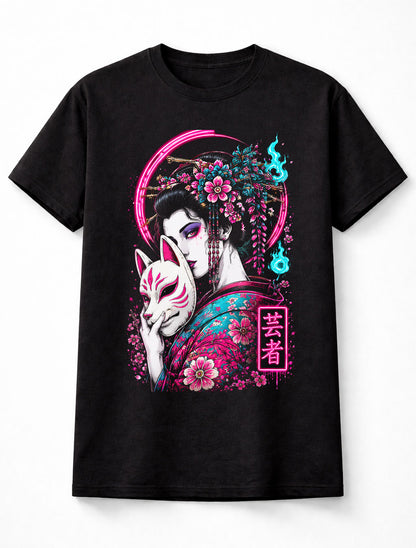Kitsune Geisha Japanese Fox Mask Sakura Anime Unisex T-Shirt