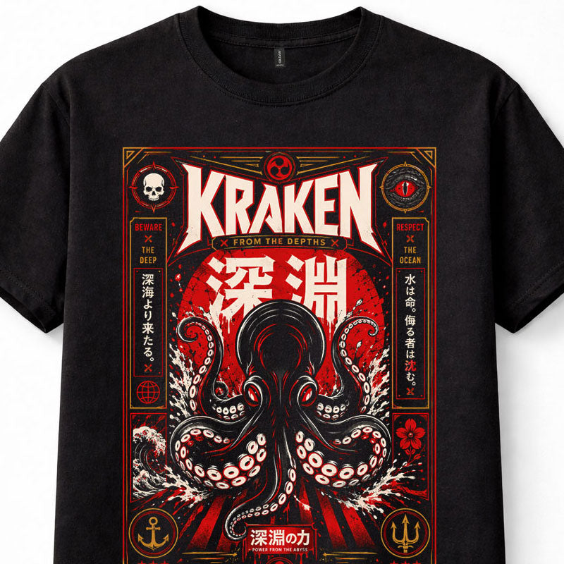 Kraken Giant Octopus Japanese Ocean Sea Monster Nautical Graphic Unisex T-Shirt