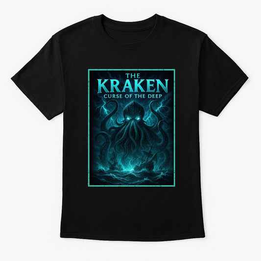 The Kraken: Curse of the Deep unisex t-shirt featuring glowing teal sea monster rising from stormy ocean, gothic nautical design printed on black cotton tee
