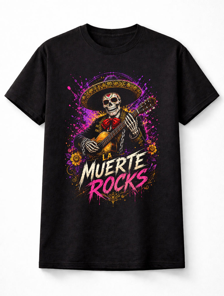 La Muerte Rocks Sugar Skull Mariachi Guitar Graphic Unisex T-Shirt