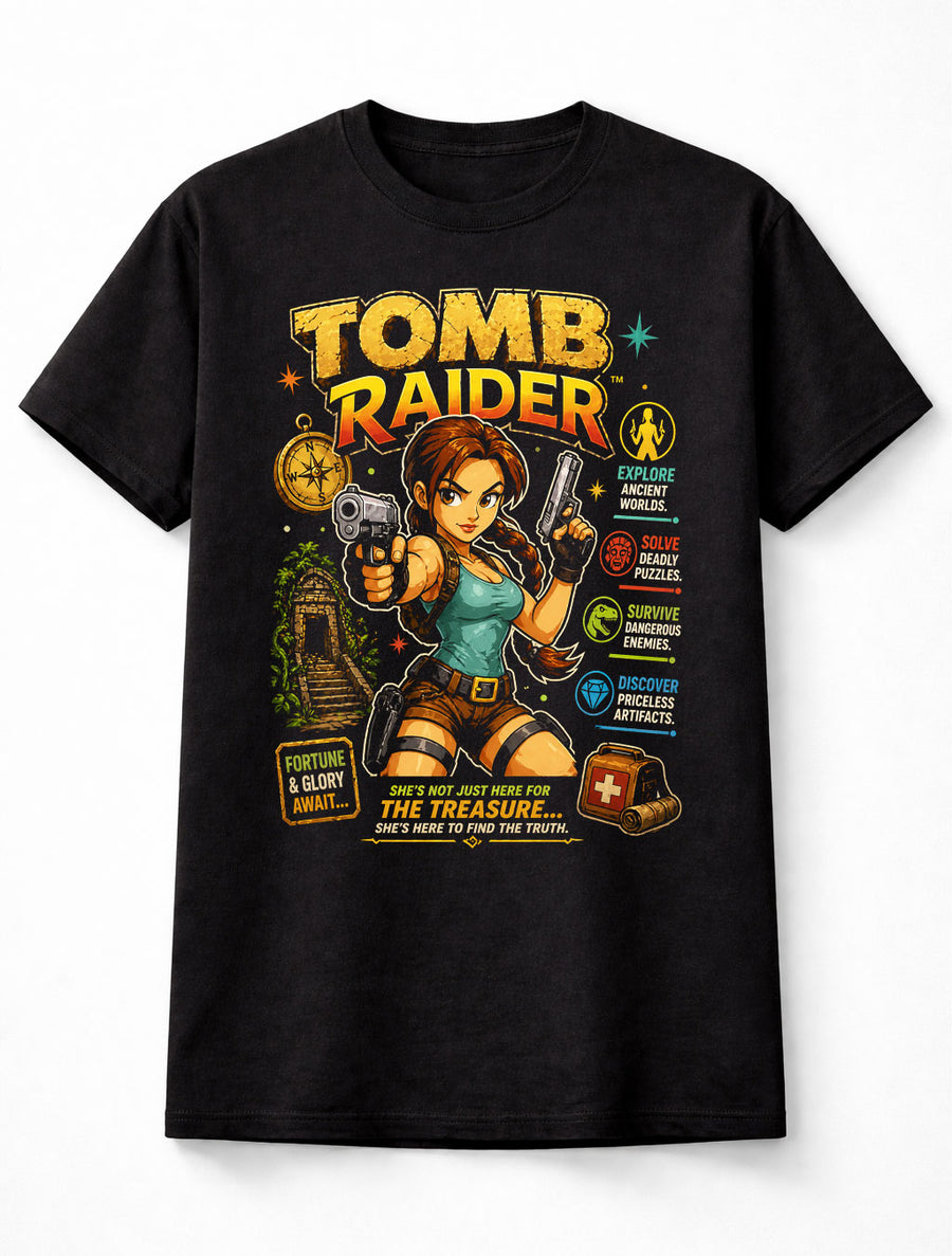 Tomb Raider Lara Croft T-Shirt Retro Gaming Graphic Tee Classic PlayStation Adventure Game Character Shirt Explorer Treasure Hunter Adults & Kids Unisex T-Shirt