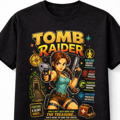 Tomb Raider Lara Croft T-Shirt Retro Gaming Graphic Tee Classic PlayStation Adventure Game Character Shirt Explorer Treasure Hunter Adults & Kids Unisex T-Shirt