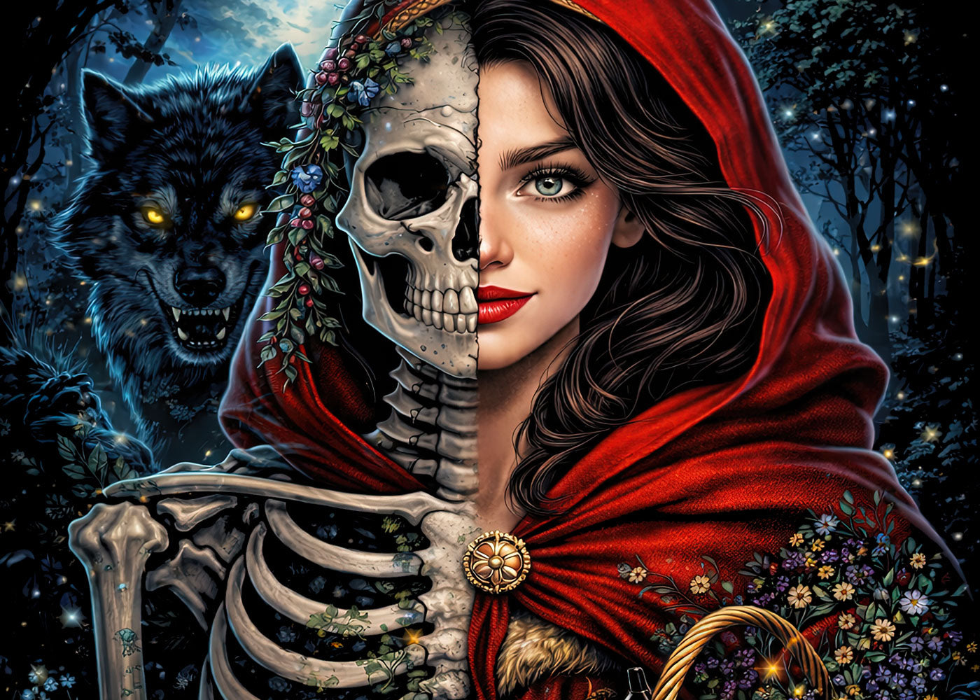 Little Red Riding Hood T Shirt Gothic Skeleton Fairy Tale Wolf Unisex Tee