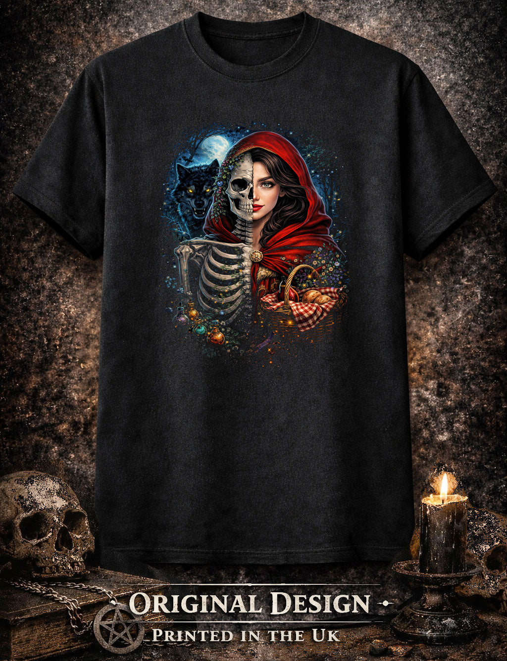 Little Red Riding Hood T Shirt Gothic Skeleton Fairy Tale Wolf Unisex Tee