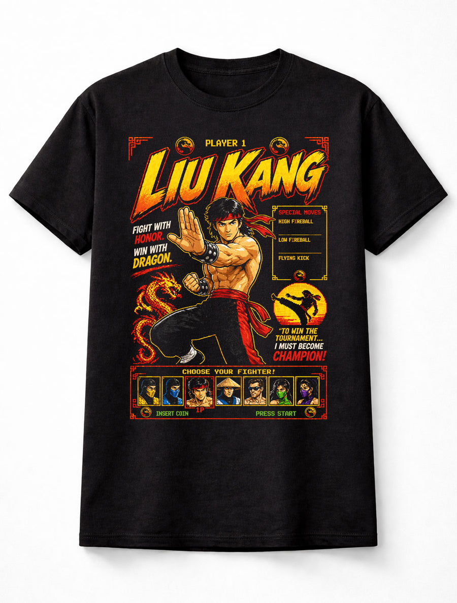 Liu Kang Mortal Kombat T-Shirt Retro Arcade Fighting Game Graphic Tee Classic Dragon Warrior Character Shirt Fireball Fighter Gamer Adults & Kids Unisex T-Shirt