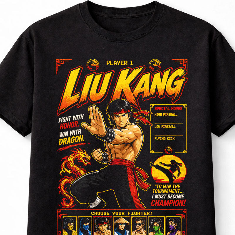 Liu Kang Mortal Kombat T-Shirt Retro Arcade Fighting Game Graphic Tee Classic Dragon Warrior Character Shirt Fireball Fighter Gamer Adults & Kids Unisex T-Shirt