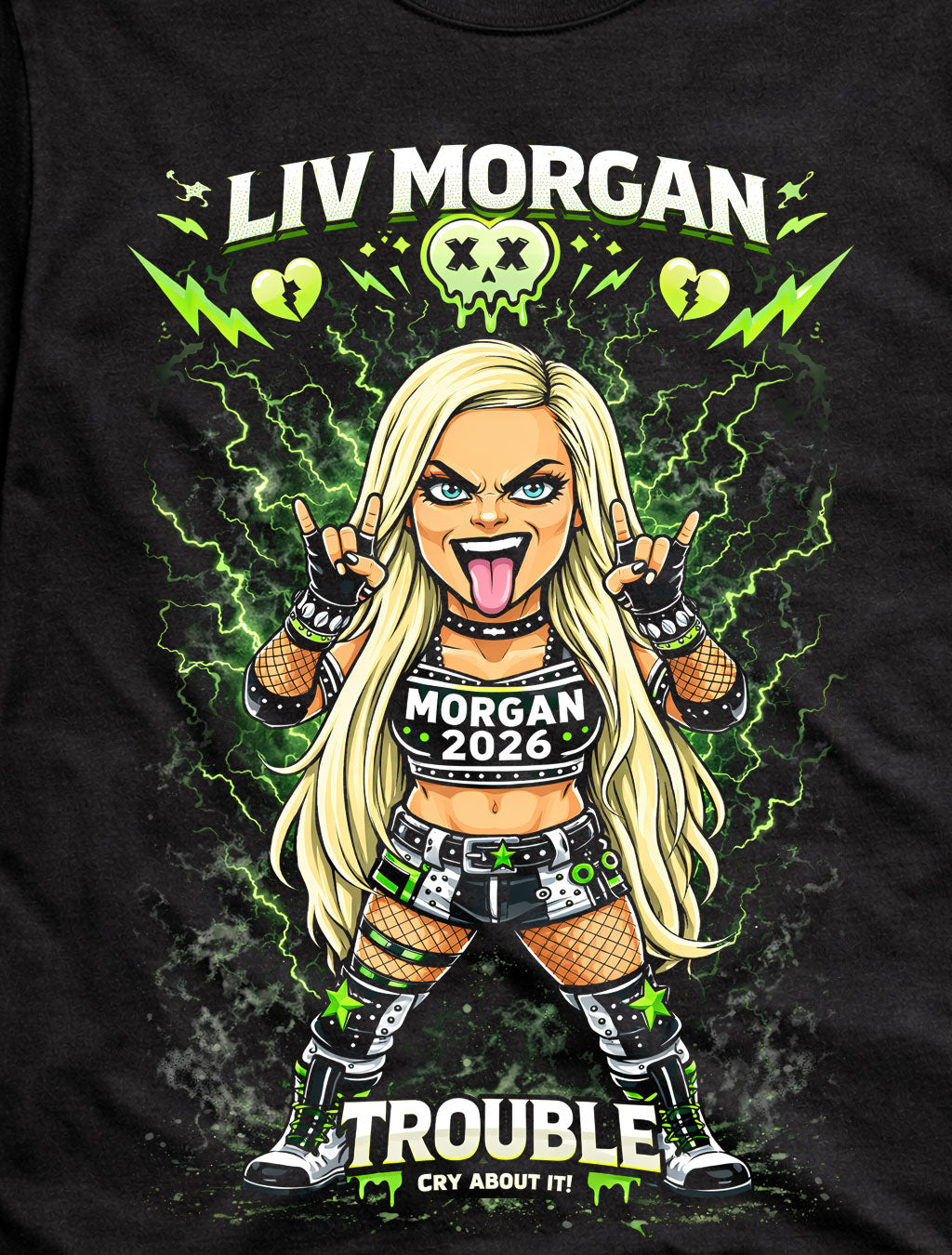 Liv Morgan Trouble Cry About It Wrestling T-Shirt Cartoon Lightning Graphic Green Punk Style Fan Tee Adults & Kids Unisex T-Shirt