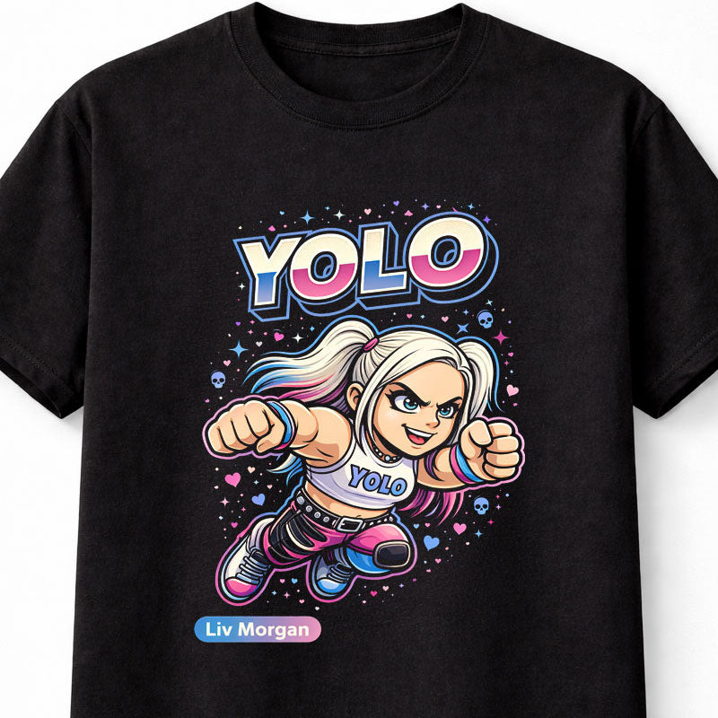 Liv Morgan YOLO WWE Cartoon Wrestler T-Shirt Funny Graphic Tee Unisex Adults & Kids