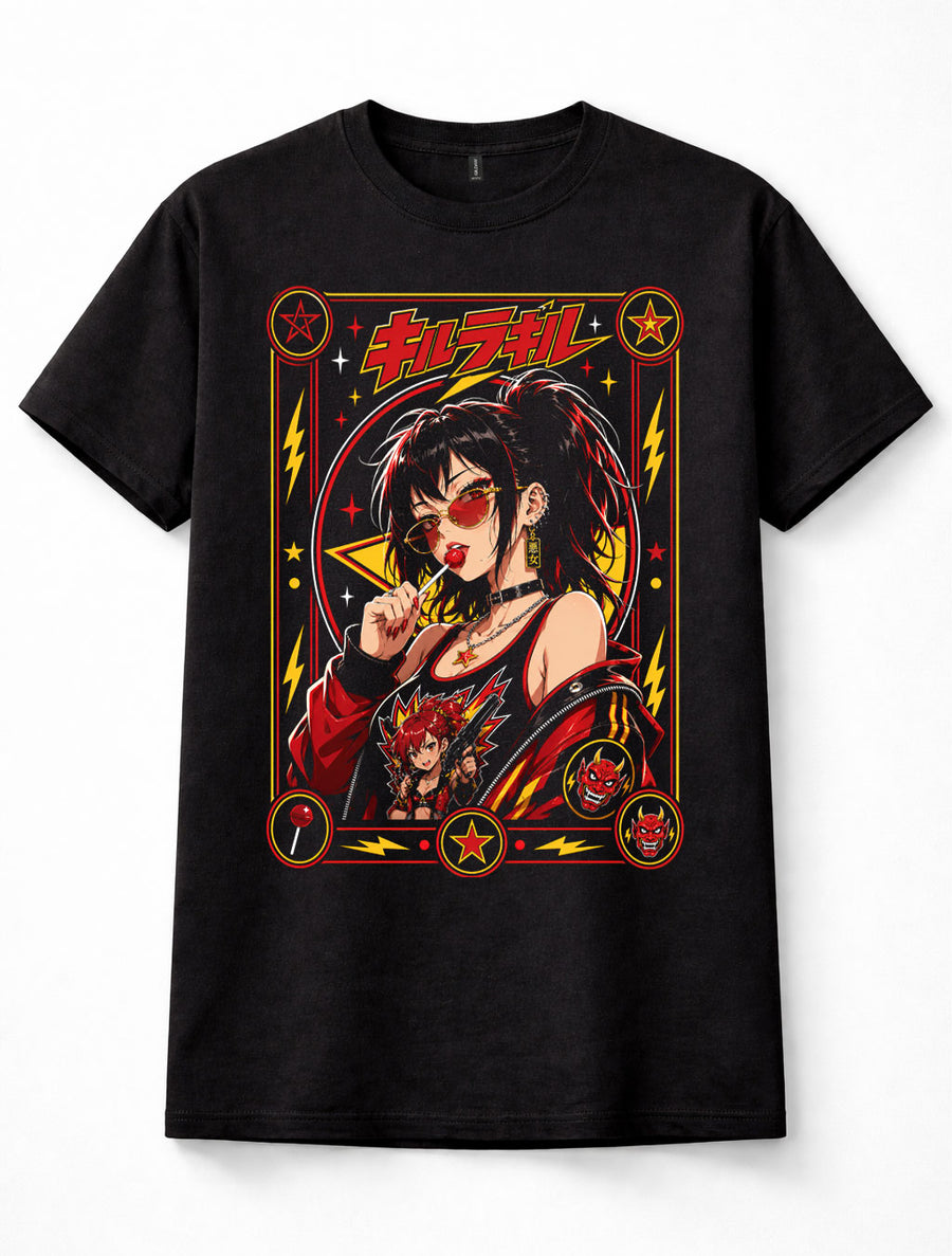 Killer Girl Anime Japanese Lollipop Punk Oni Manga Graphic Black Unisex T-Shirt