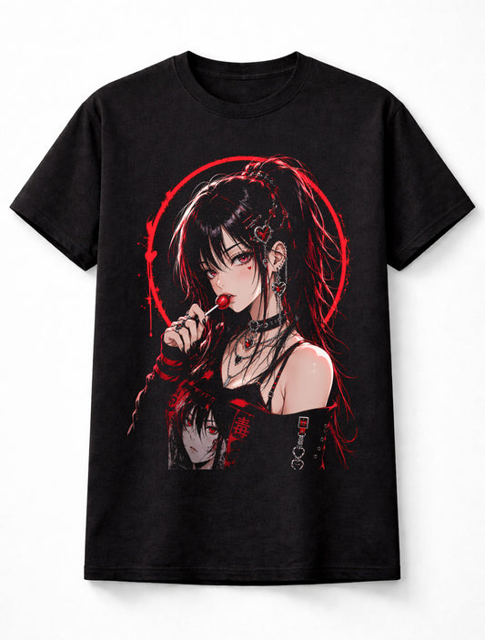 Anime Gothic Girl Lollipop Red Black Manga Graphic Unisex T-Shirt